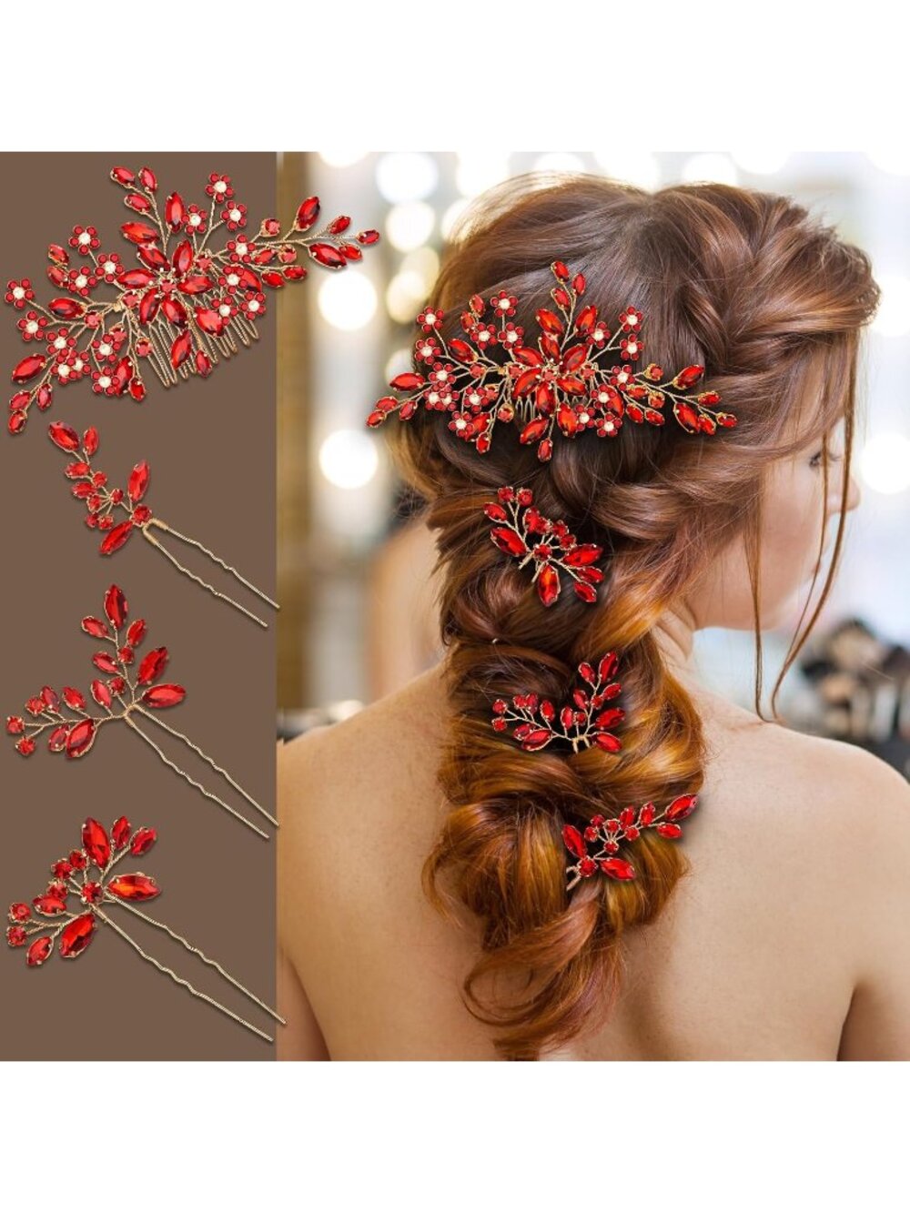 Women's Red Rhinestone Copper Bridal Headpiece Floral SOLID Hair Clips